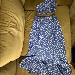 Floral Blue Skirt with matching one shoulder cropped top